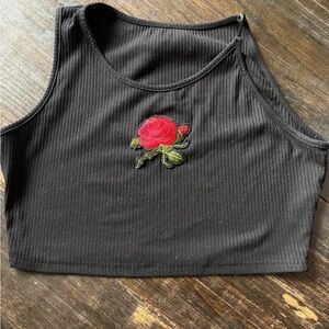 SHEIN Black Ribbed Crop Top with Red Rose